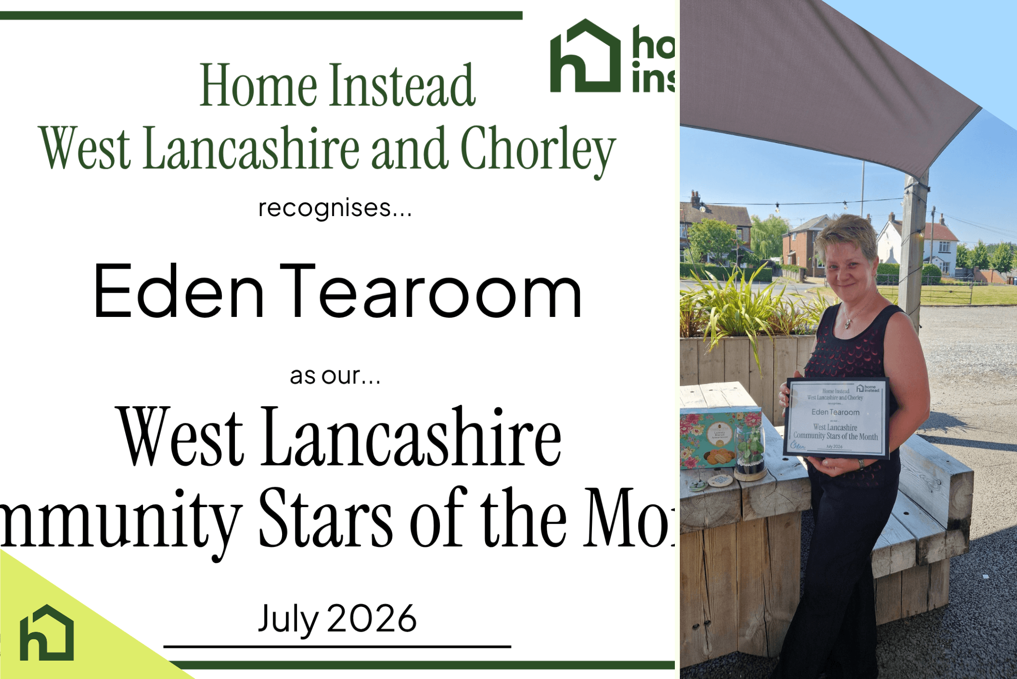 Kath from Eden Tearoom holds a Community Star of the Month certificate presented by Home Instead West Lancashire and Chorley in July 2026.