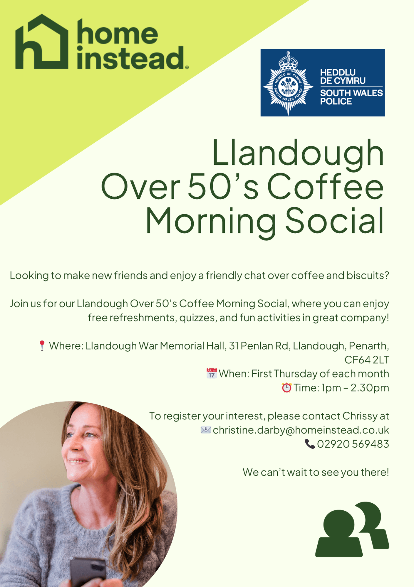 Flyer for Llandough Over 50’s Coffee Morning Social, with event details, contact info, and a woman smiling. - Home Instead