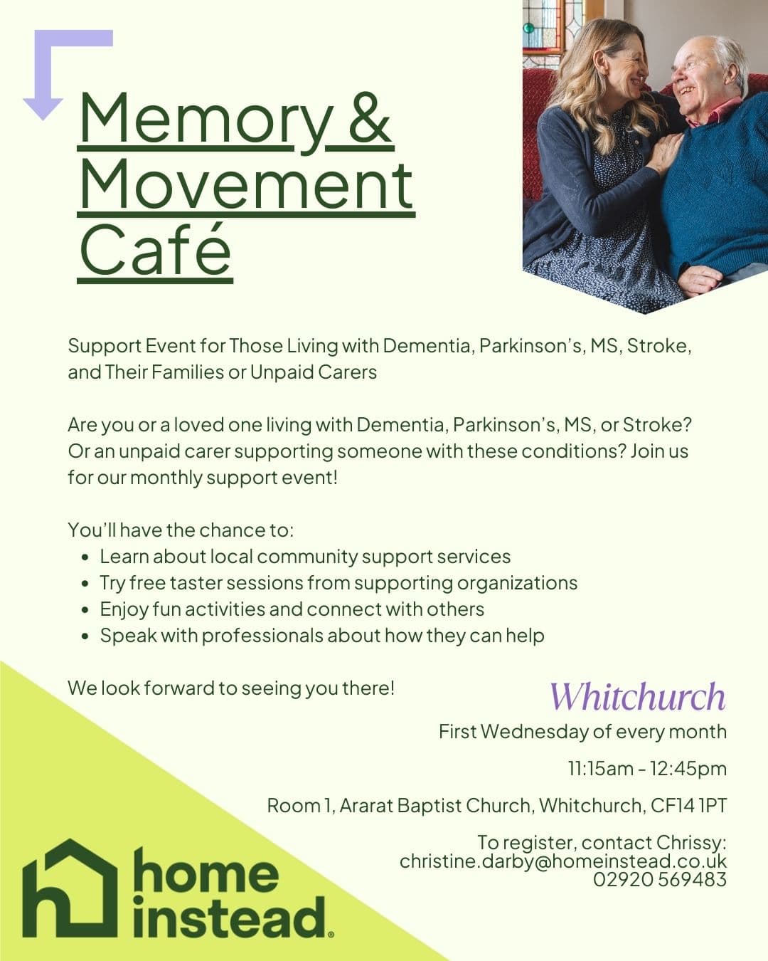 A flyer for Memory & Movement Café event for people with dementia or similar, held monthly in Whitchurch. - Home Instead