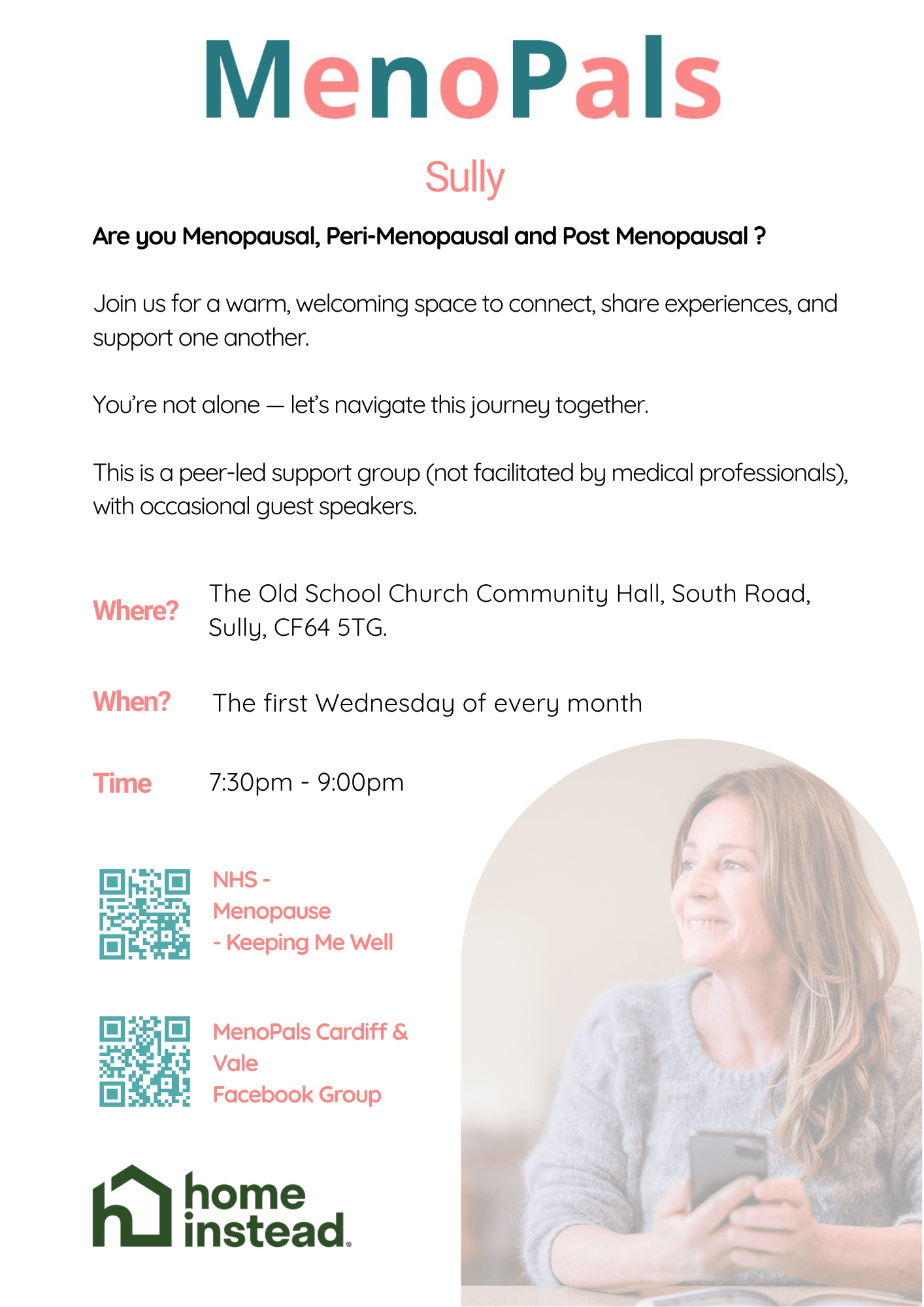 A flyer for MenoPals Sully, a menopause support group, with meeting details and contact information. - Home Instead
