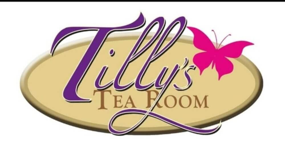 Oval logo with "Tilly's Tea Room" in purple and brown cursive, and a pink butterfly on the right side. - Home Instead