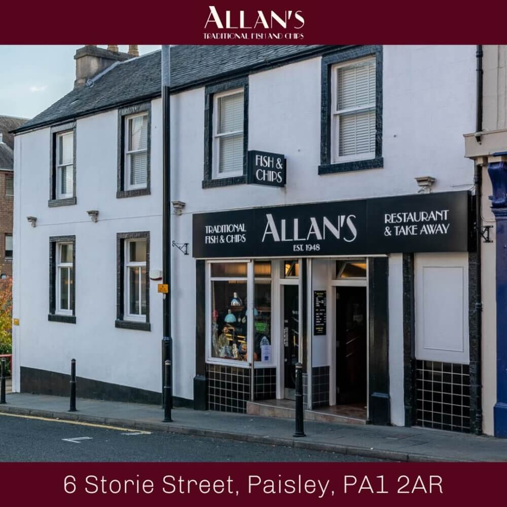 Allan's Fish and Chips - Street view of Allan's Fish & Chips restaurant at 6 Storie Street, Paisley. Exterior shows entrance and signage. - Home Instead Renfrewshire and Barrhead care at home services
