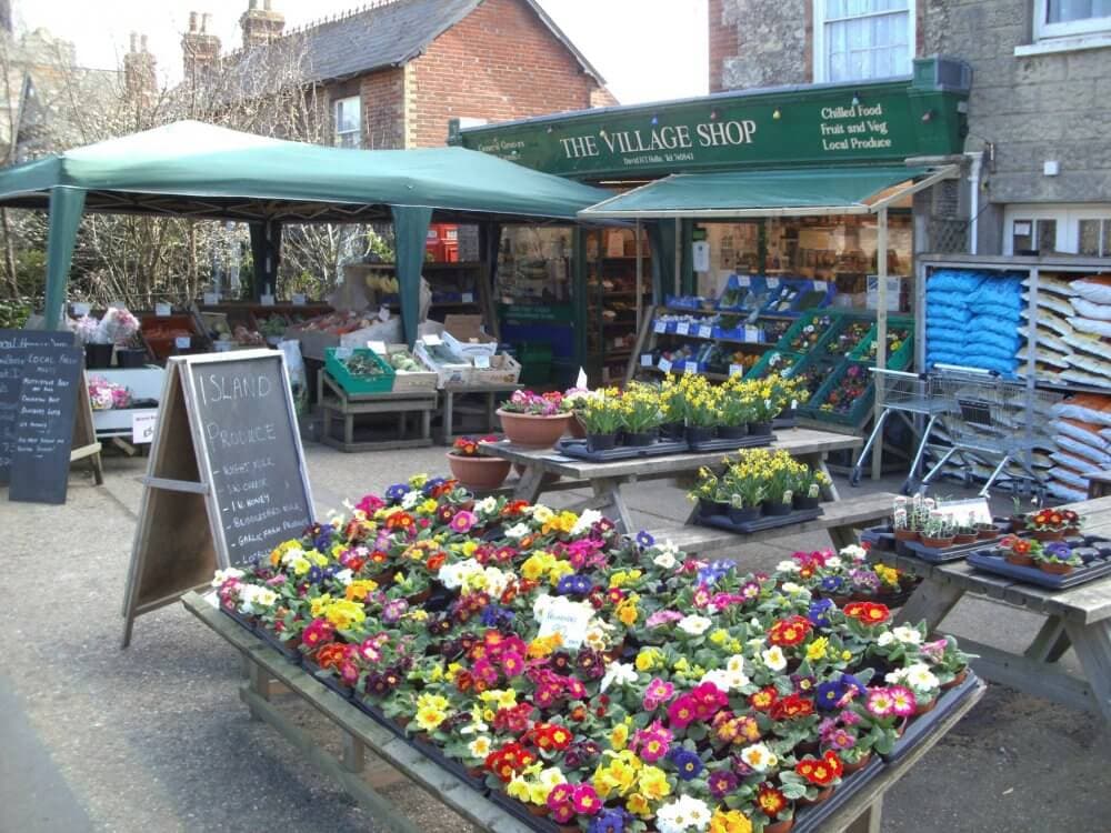 A village shop with a variety of flowers and plants displayed outside, along with produce and gardening supplies. - Home Instead