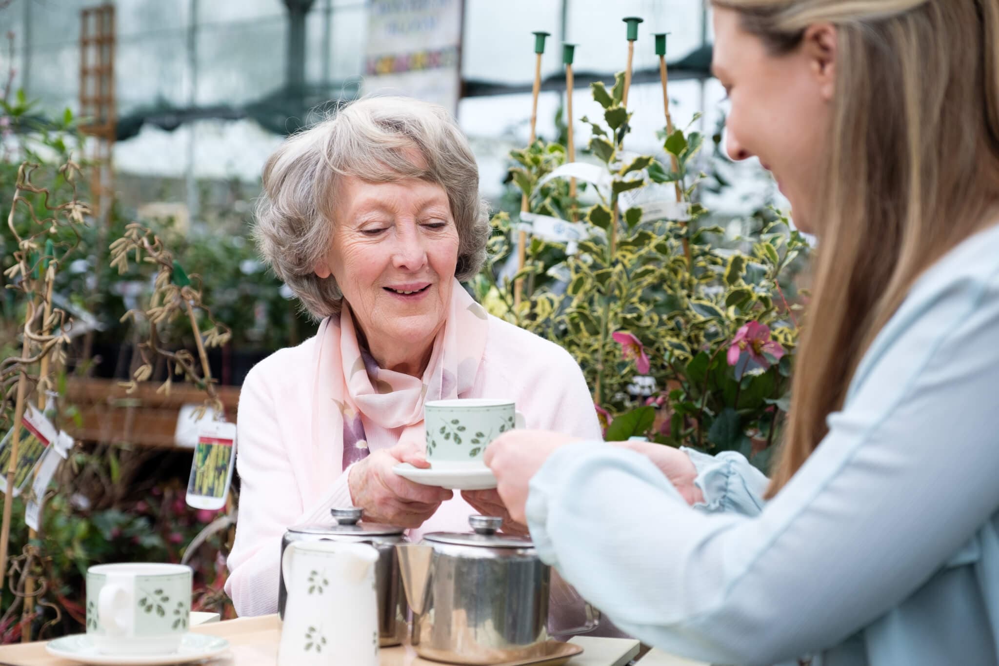 Two women enjoying tea in a garden center, surrounded by plants, with one serving tea to the other. - Home Instead