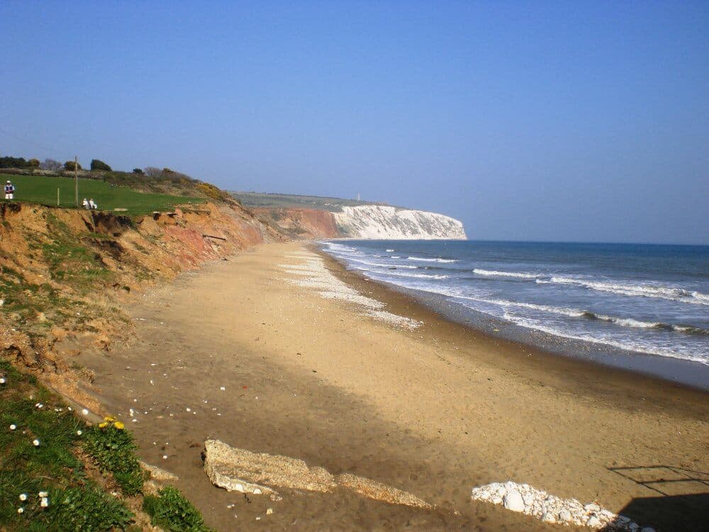A scenic coastal view of a sandy beach, cliffside, and ocean waves under a clear blue sky. - Home Instead