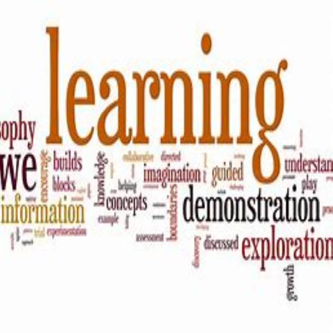Word cloud with learning-themed words, with "learning" in the center. Other words include demonstration, exploration, information. - Home Instead