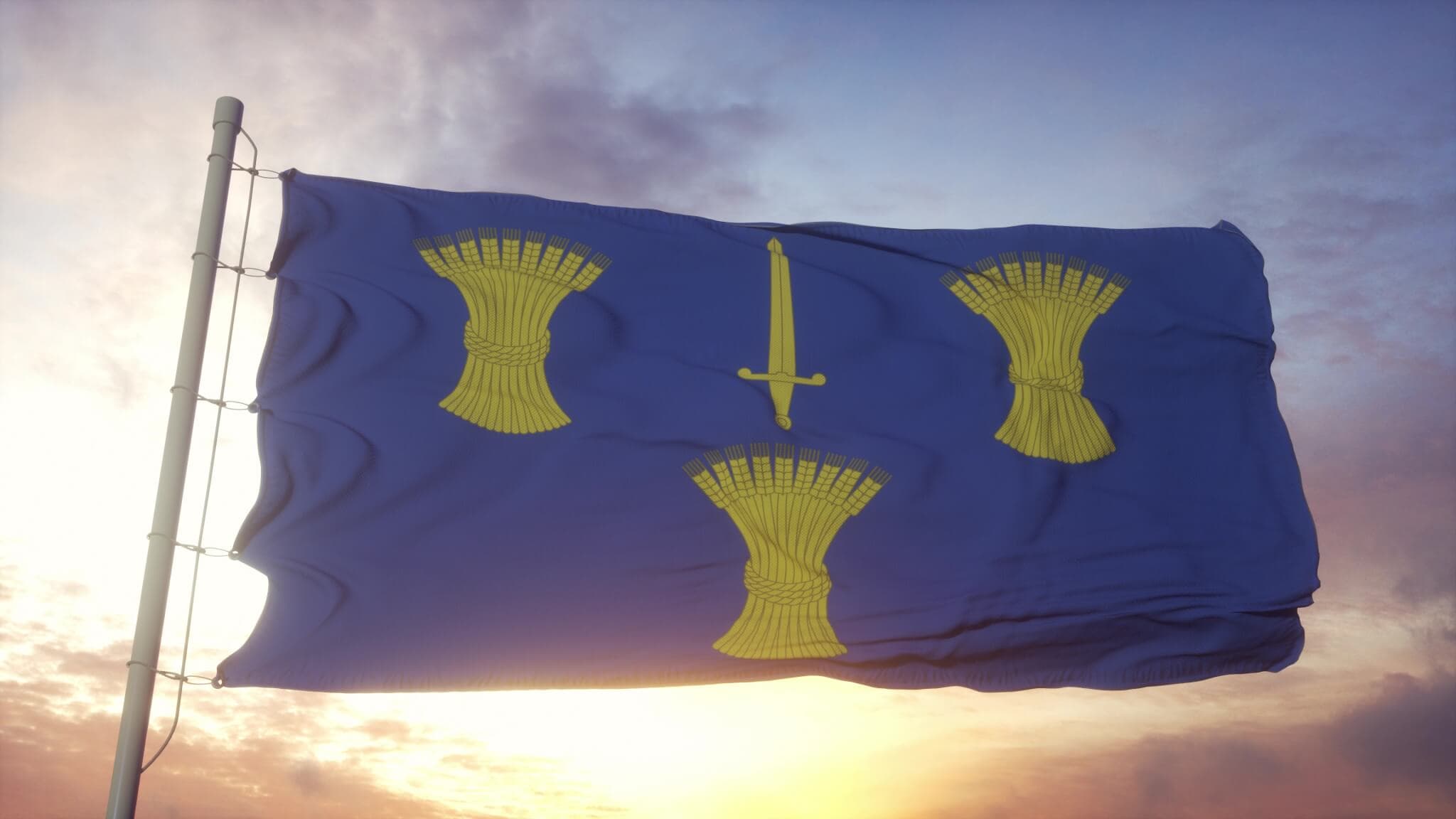 Blue flag with three golden wheat sheaves and a sword in between, flying against a sunrise sky. - Home Instead