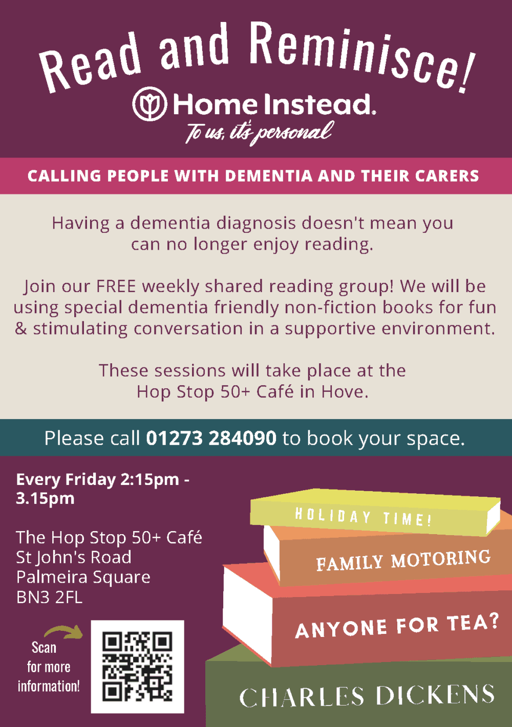 A flyer for a reading group for people with dementia, held at The Hop Stop 50+ Café in Hove, United Kingdom. - Home Instead