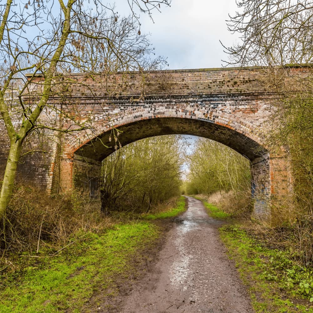 A dirt path leads under a brick arch bridge, surrounded by trees under a partly cloudy sky. - Home Instead
