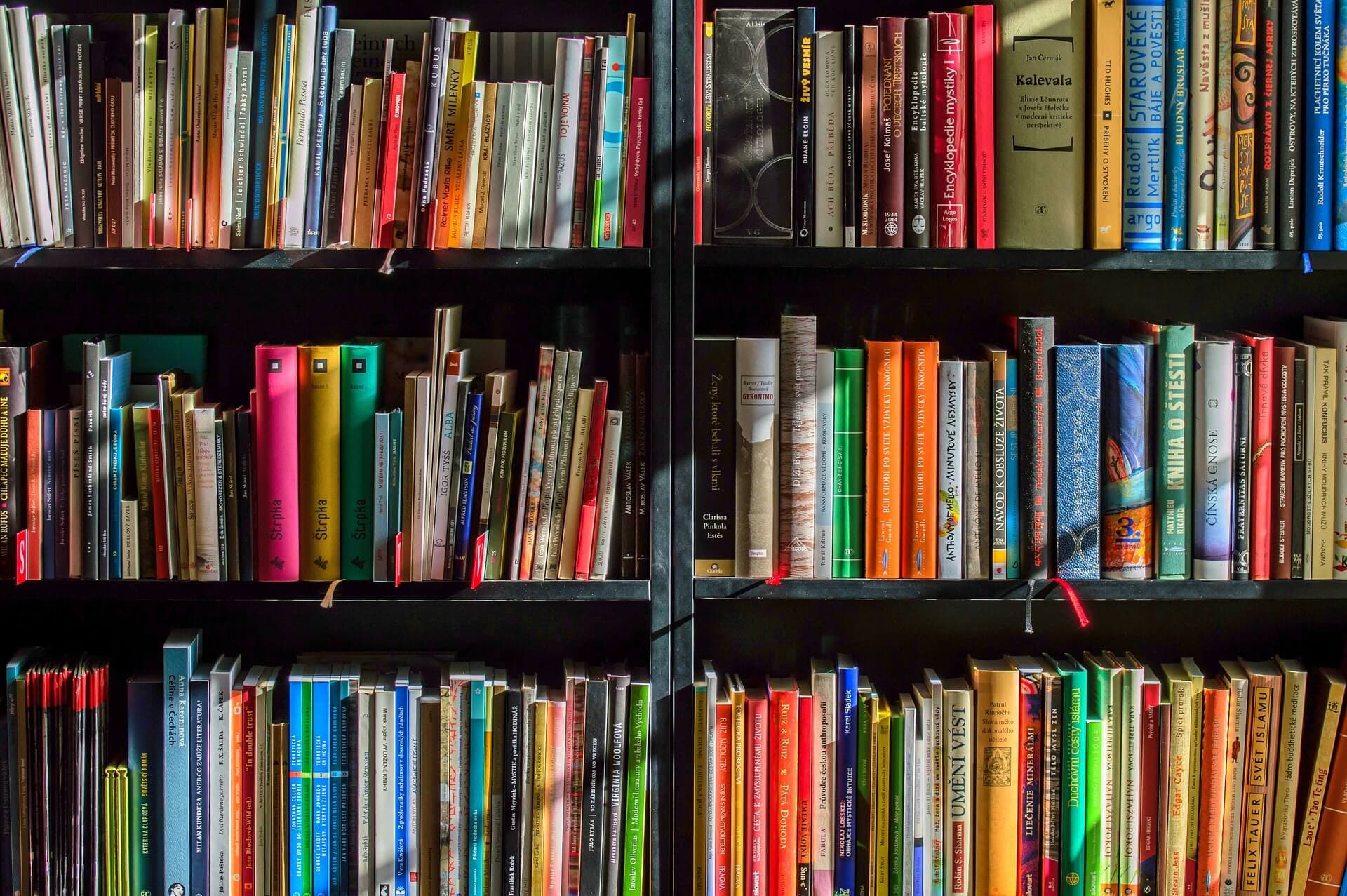 A neatly organized bookshelf filled with diverse colorful books and some folders. - Home Instead