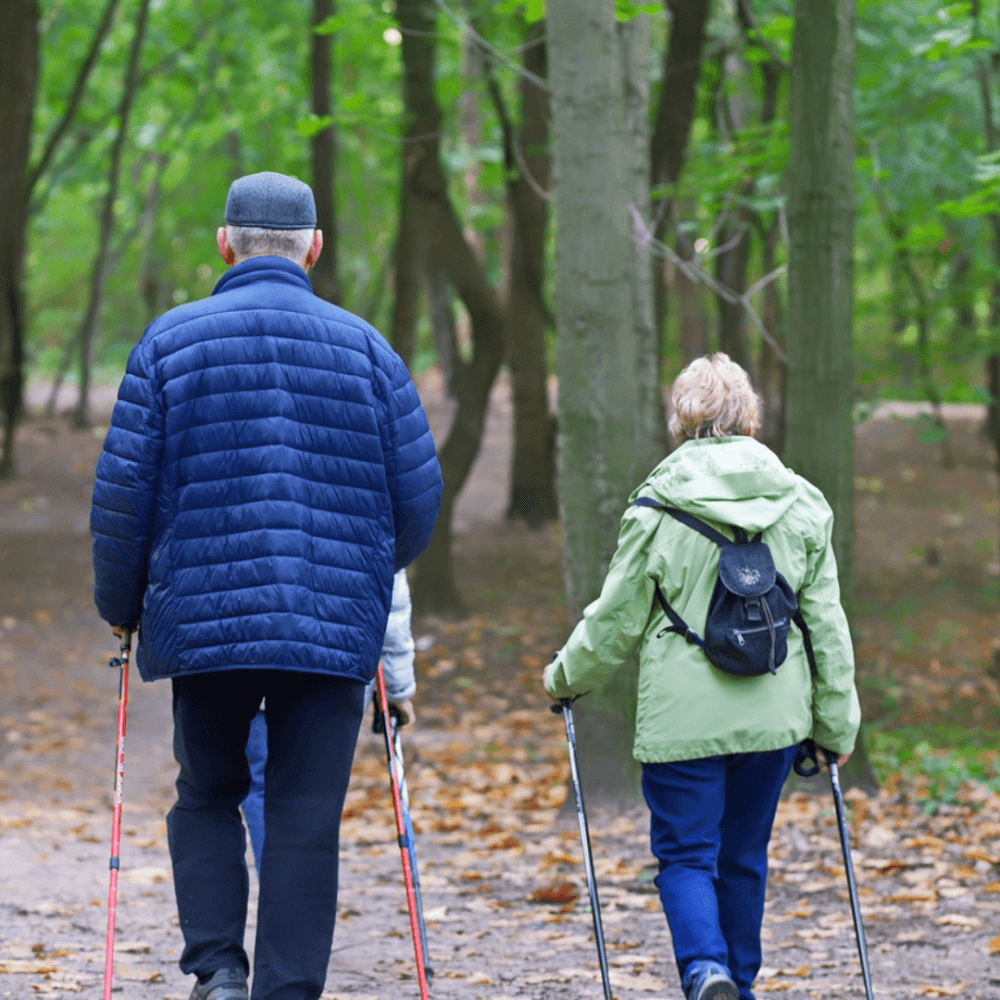 Two elderly people walking with trekking poles in a forest, wearing jackets and carrying backpacks, seen from behind. - Home Instead