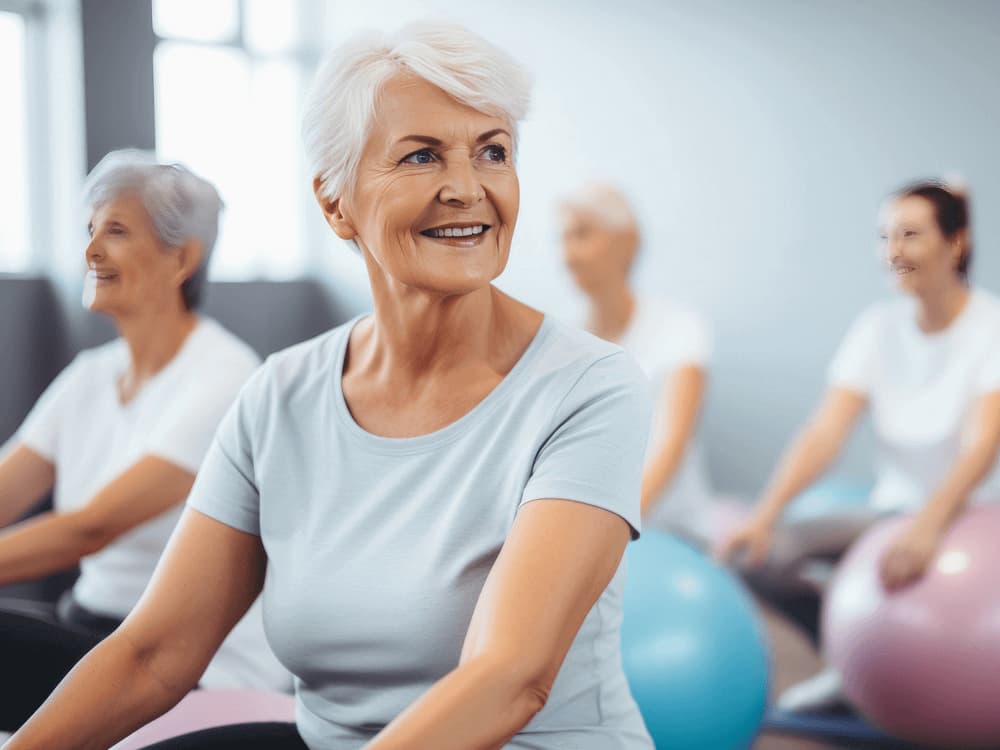Older adults wearing workout clothes smiling while exercising with fitness balls in a bright indoor setting. - Home Instead