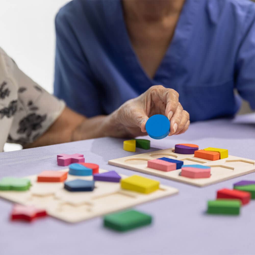 care professional watching an elderly lady complete a shape matching game