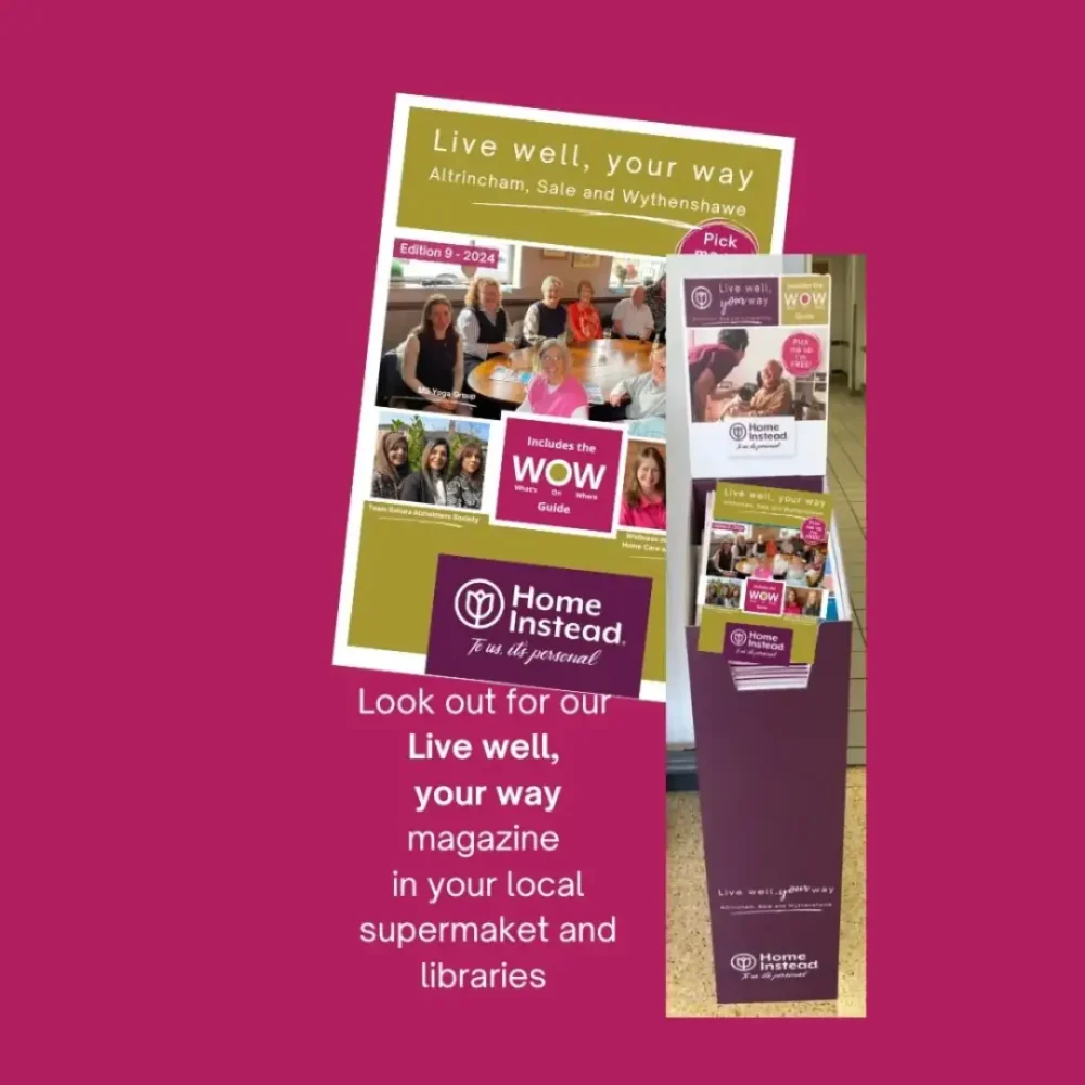 Poster promoting "Live well, your way" magazine with community images, placed in a supermarket. - Home Instead