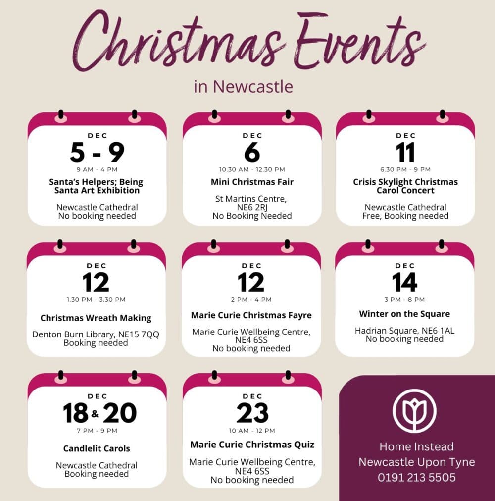 A graphic showing various christmas event going on in Newcastle during December 2024