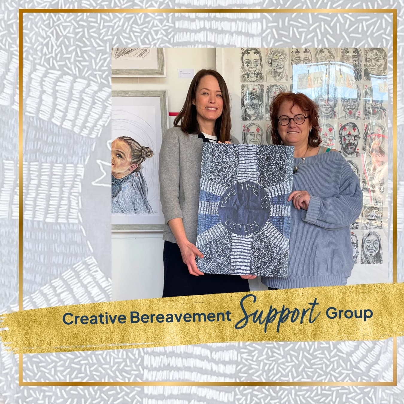 Two women hold an artwork at an art exhibit, with text: Creative Bereavement Support Group. - Home Instead