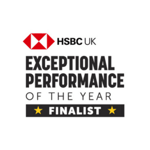 HSBC UK Exceptional Performance of the Year Finalist logo with red, black, and yellow text and symbols. Home Instead named as a finalist in the Elite Franchise Top 100 2024 Awards!. - Home Instead