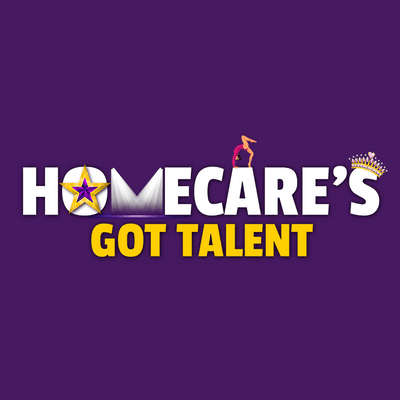 Homecare’s Got Talent logo with star, gymnast, and crown icons on a purple background. - Home Instead