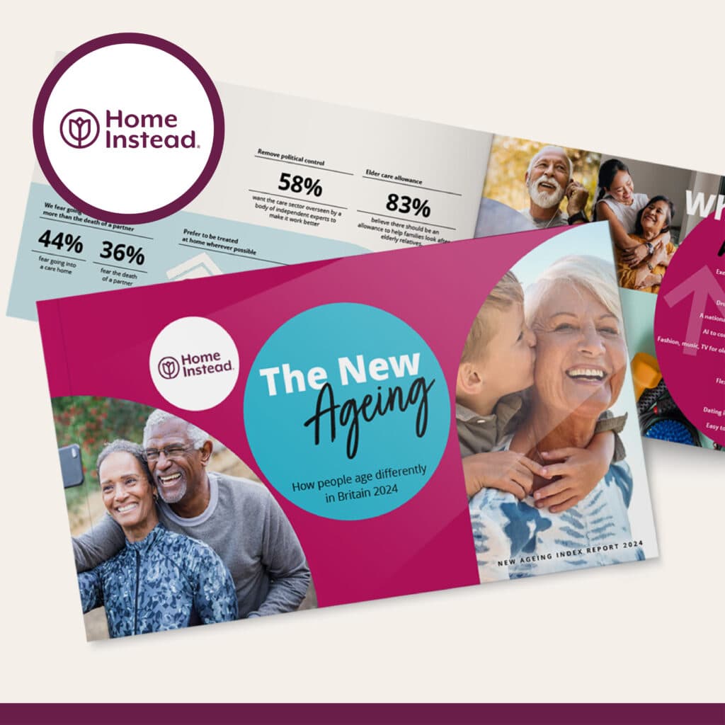 An open brochure titled "The New Ageing" shows smiling older adults and ageing statistics, by Home Instead. - Home Instead