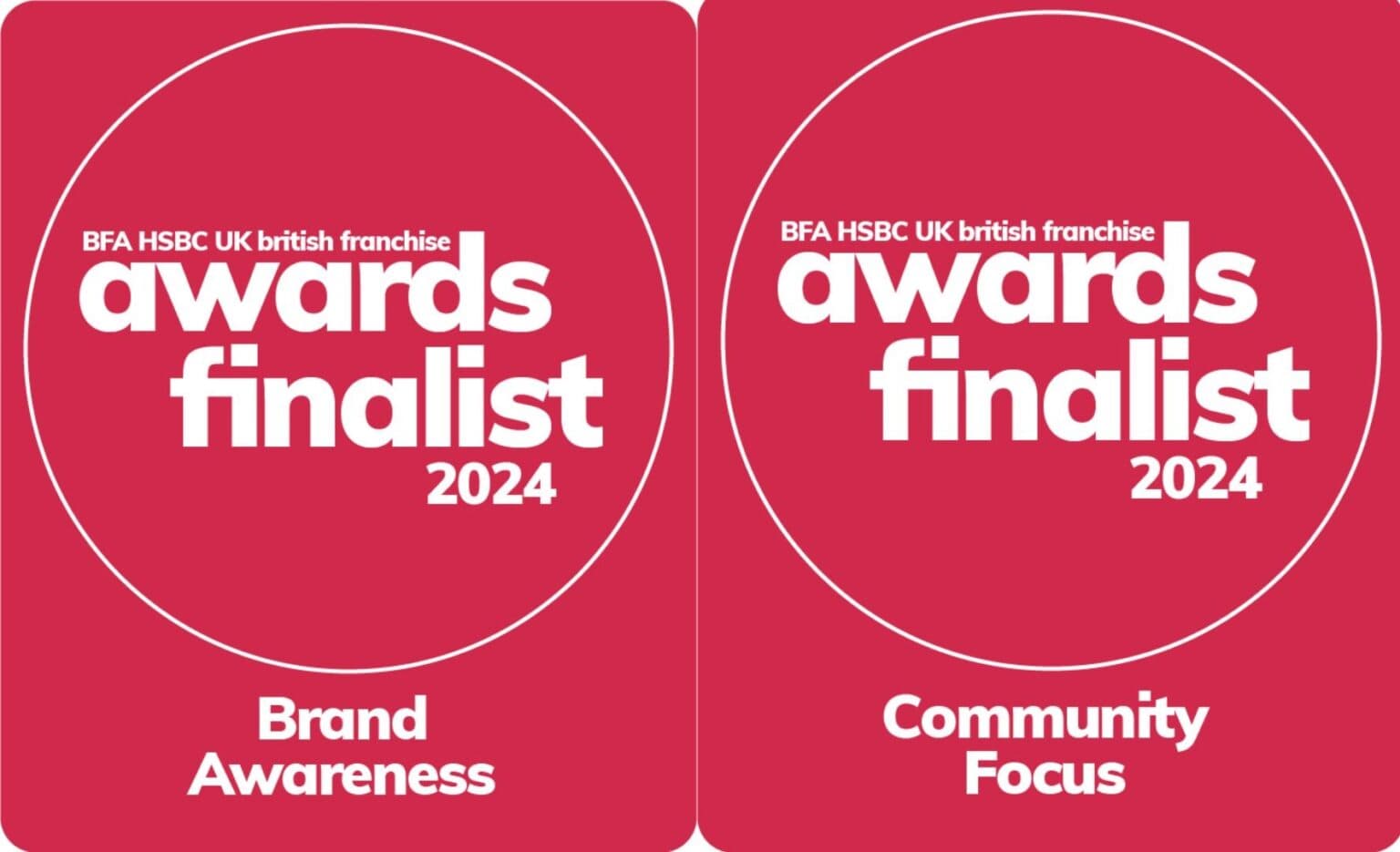 Two red panels: "awards finalist 2024," one for Brand Awareness, one for Community Focus. - Home Instead