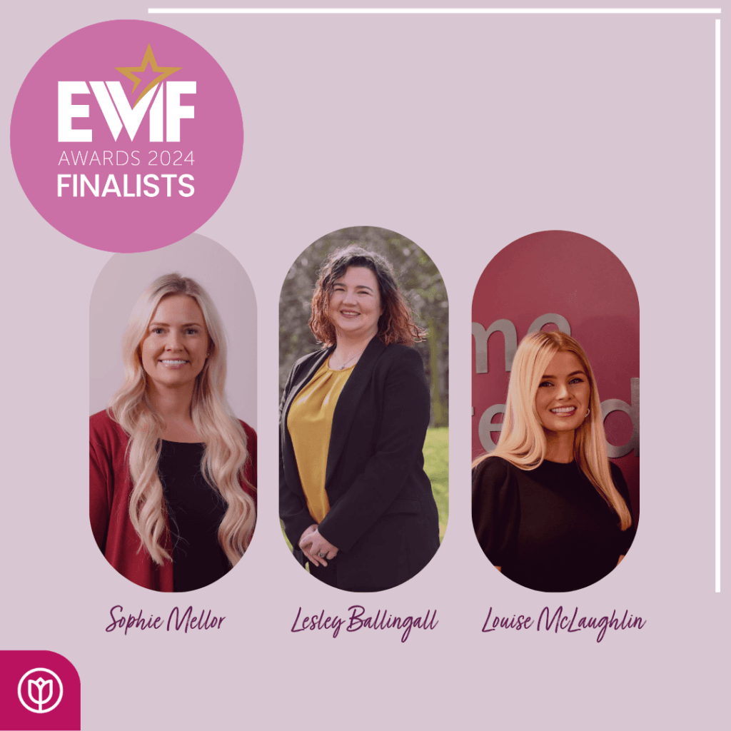 Three women finalists for EVWF Awards 2024 are pictured smiling in individual portrait frames. - Home Instead