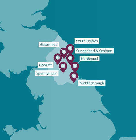 Map of north-east England with pins marking Gateshead, Consett, Spennymoor, South Shields, Sunderland, Hartlepool, Middlesbrough. - Home Instead