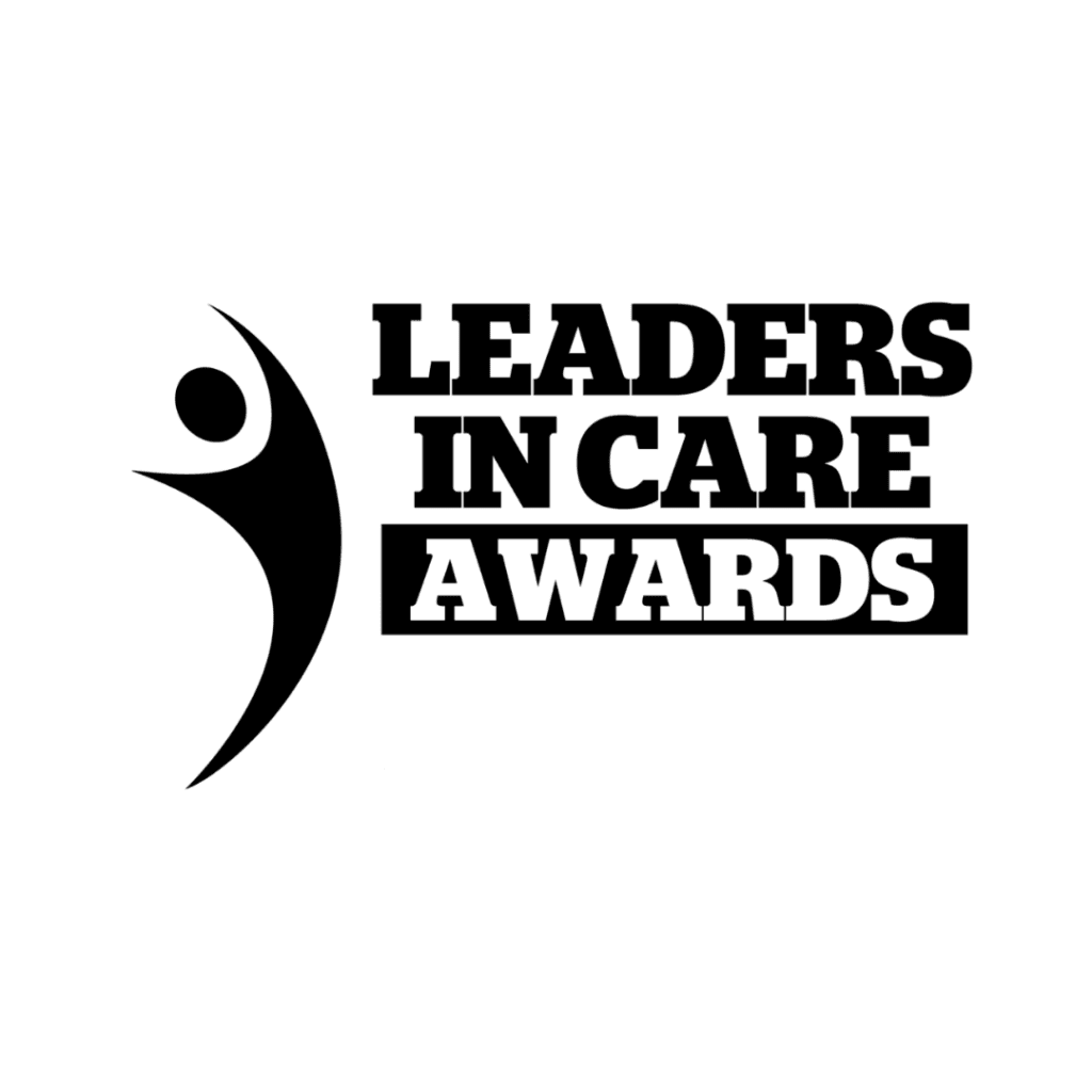 Black "Leaders in Care Awards" text with abstract human figure on a white background. - Home Instead