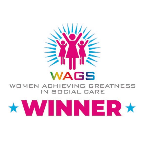 Logo with three women, text: "WAGS Women Achieving Greatness in Social Care, WINNER" with stars. - Home Instead