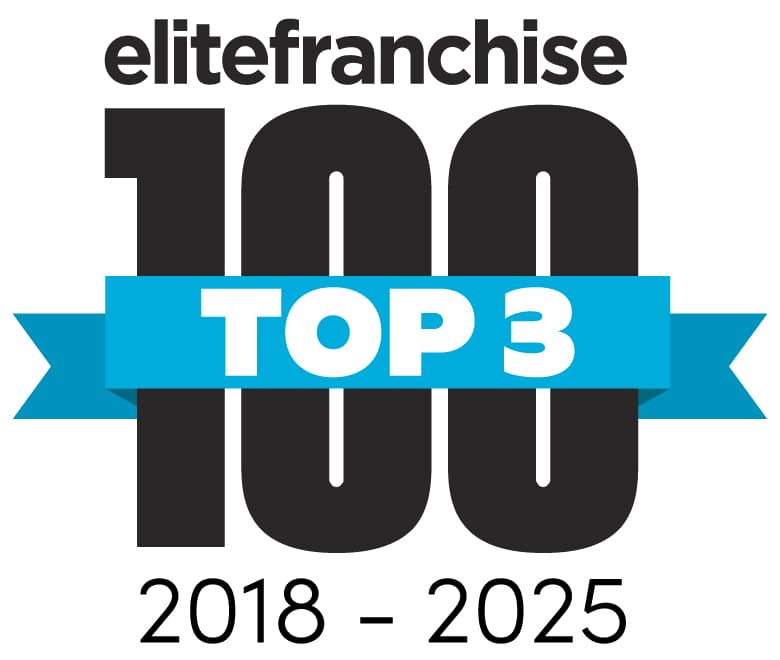 Elite Franchise Top 3 badge, 100, blue rosette, years 2018–2025 displayed below. - Home Instead