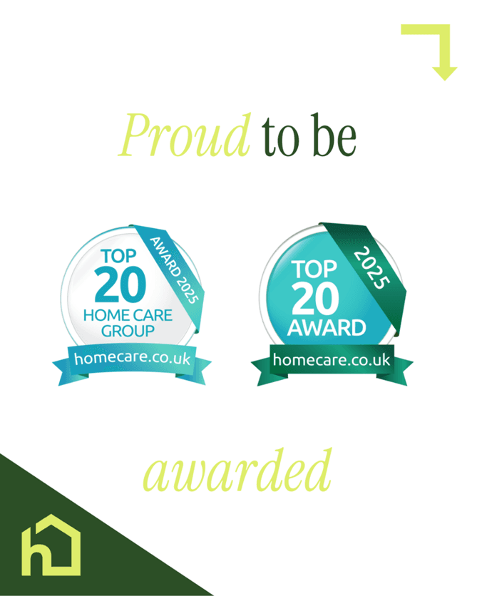 Two Top 20 Home Care Awards 2025 badges with text: "Proud to be awarded" and a homecare.co.uk logo. - Home Instead