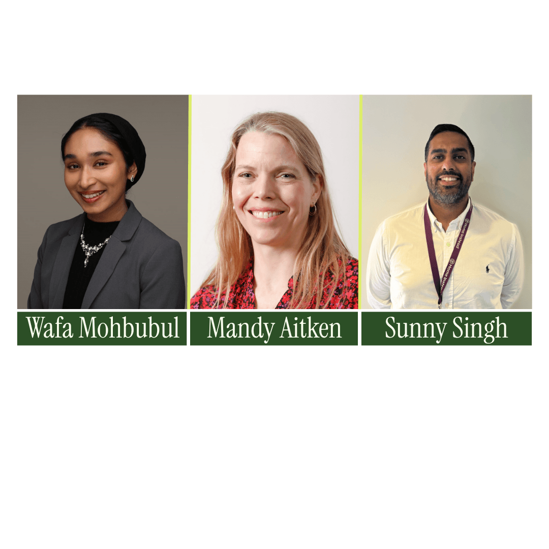 Three people, each smiling, with names Wafa Mohbubul, Mandy Aitken, and Sunny Singh shown below their photos. - Home Instead