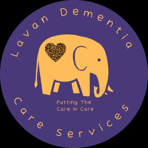Logo for Lavan Dementia Care Services with an orange elephant and heart, and slogan "Putting The Care In Care. - Home Instead