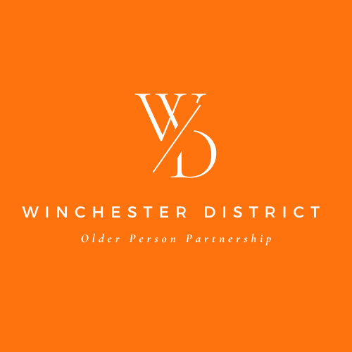 White "WD" initials above "Winchester District Older Person Partnership" on an orange background. - Home Instead