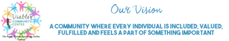 Logo and vision statement of a community center with diverse handprints, text reads: "Our Vision: a community where every individual is included... - Home Instead