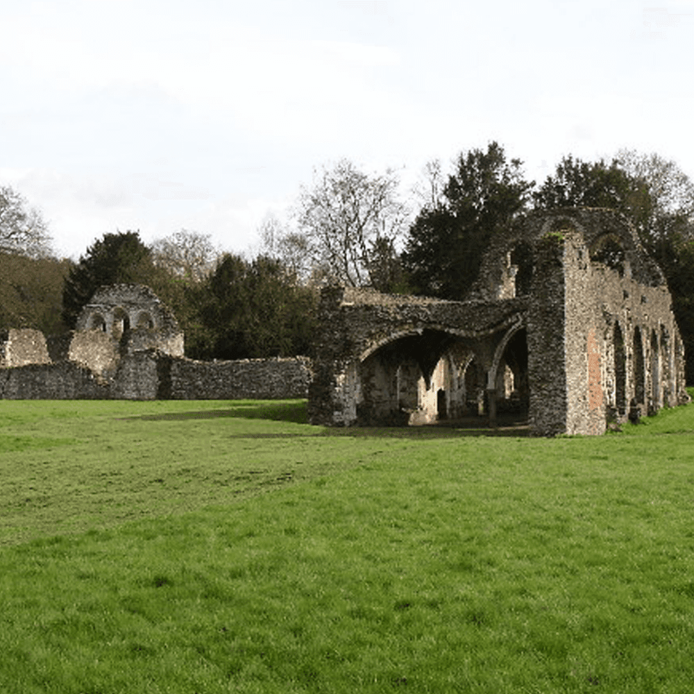 Old stone ruins of historic Waverley Abbey