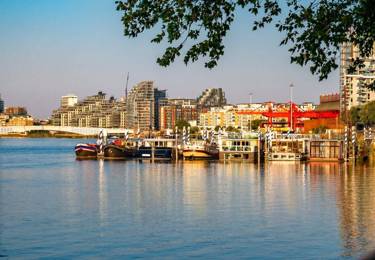 Boats docked by a riverside on a sunny day, with modern buildings and a bridge in the background. - Home Instead