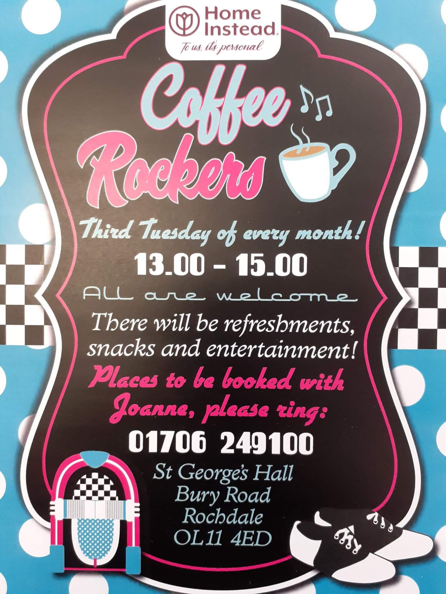Poster for "Coffee Rockers" event at St George's Hall, Rochdale, every third Tuesday from 13.00 to 15.00. All are welcome. - Home Instead