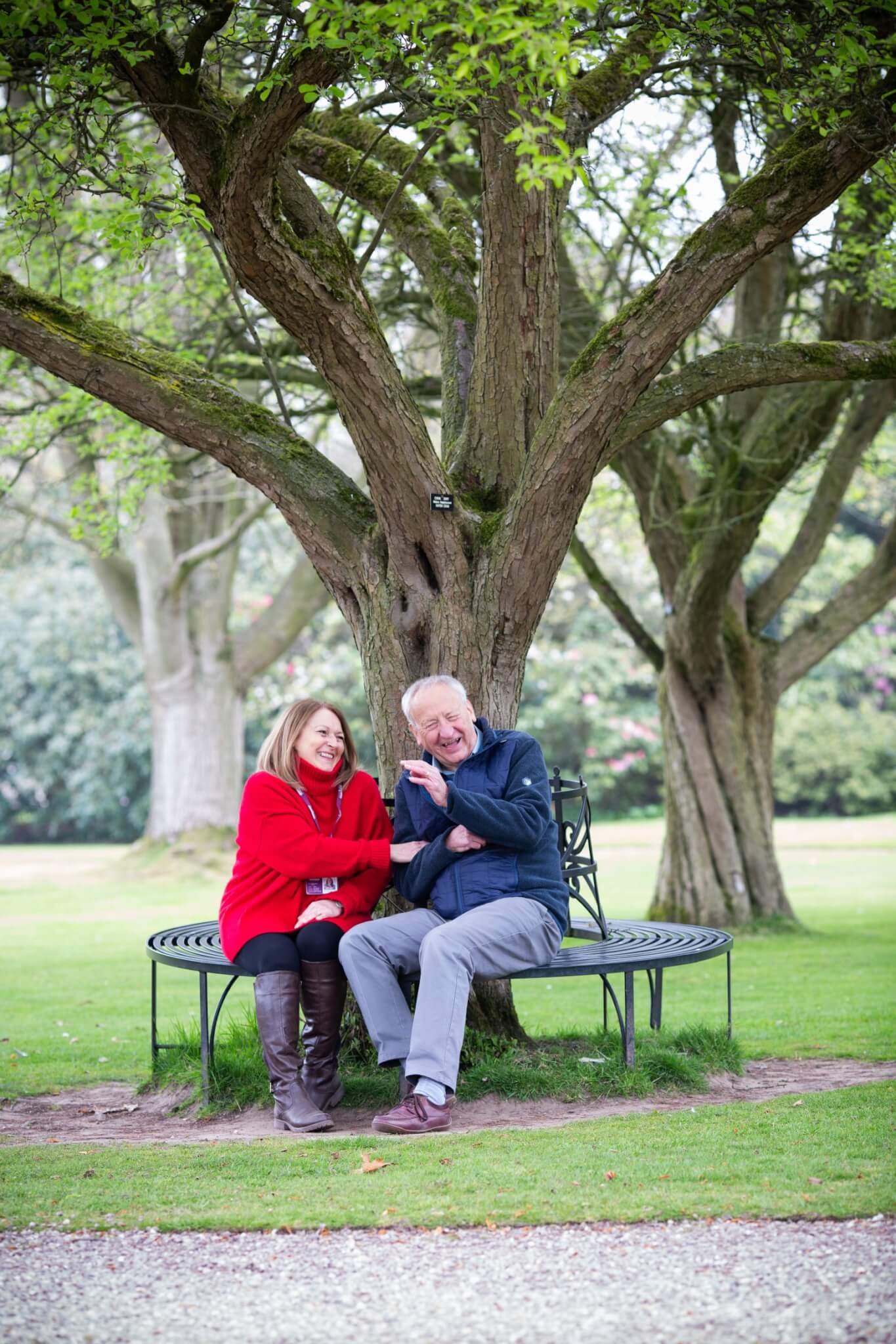 An elderly couple sits laughing on a bench around a tree in a green park. - Home Instead
