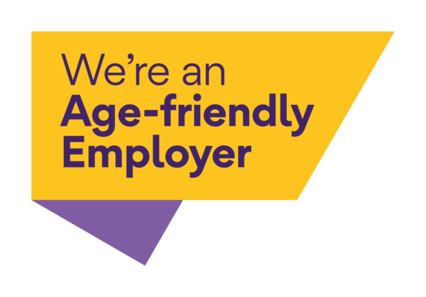 Yellow and purple banner reading "We're an Age-friendly Employer. - Home Instead