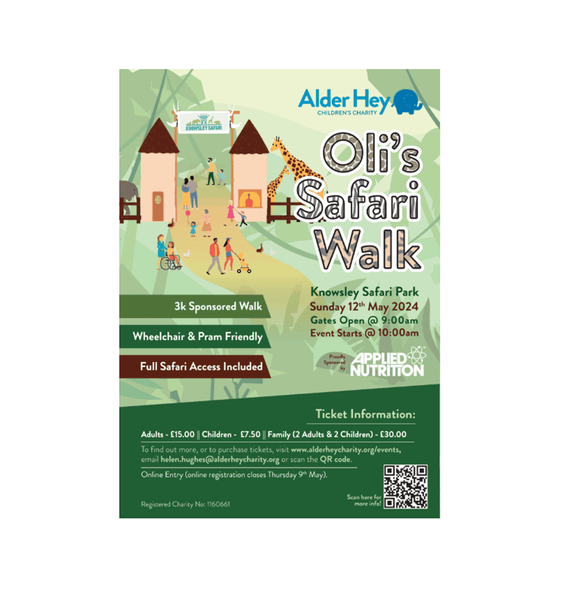 Poster for "Oli's Safari Walk" at Knowsley Safari Park on May 12, 2024, featuring a 3k walk, inclusive access, and ticket info. - Home Instead