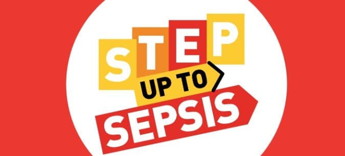 Graphic with text "Step Up to Sepsis" in bold colors on a red and white circular background. - Home Instead