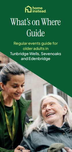 Two women smiling, one older and one younger, promoting an events guide for older adults in Kent towns. - Home Instead