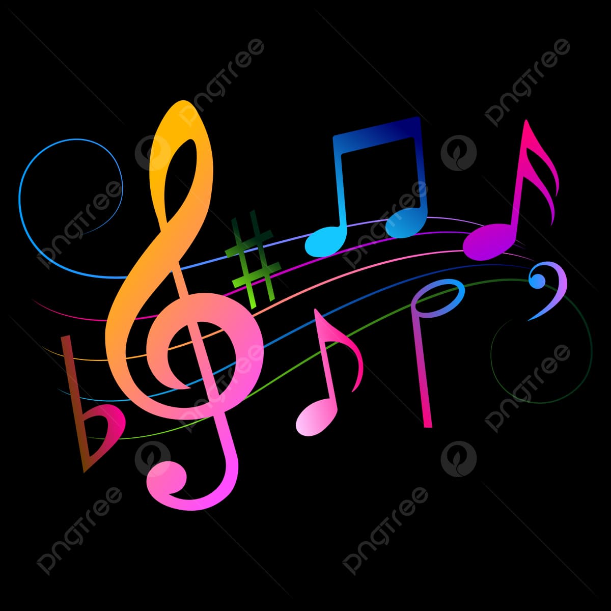Colorful musical notes and a treble clef on swirling staff lines, set against a black background. - Home Instead
