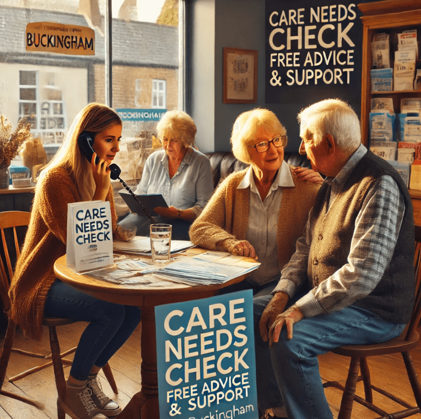 A young woman and two seniors discuss care needs at a support center, with advice posters on the walls. - Home Instead