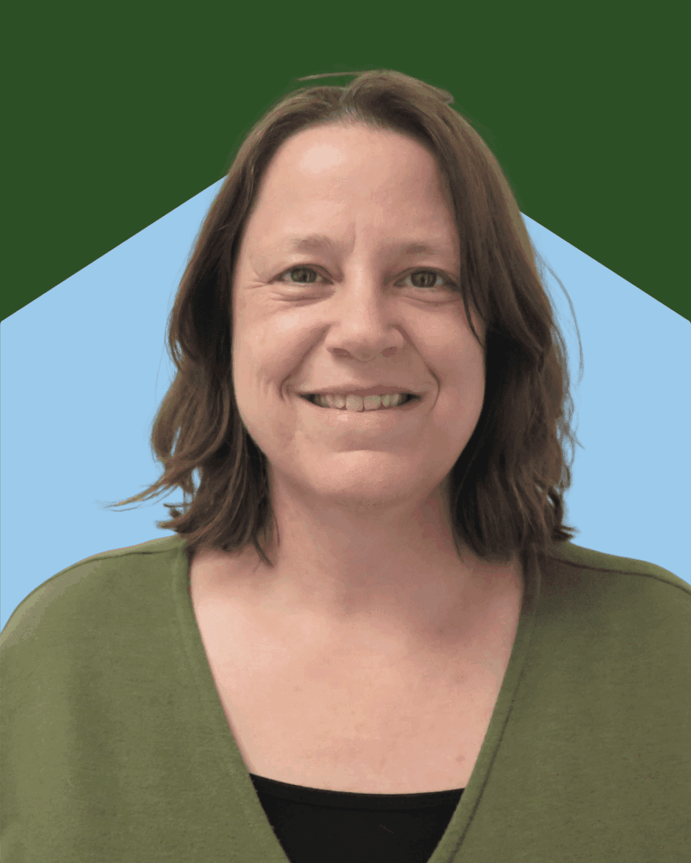 Woman with shoulder-length brown hair smiling, wearing a green top, with a blue and green geometric background. - Home Instead