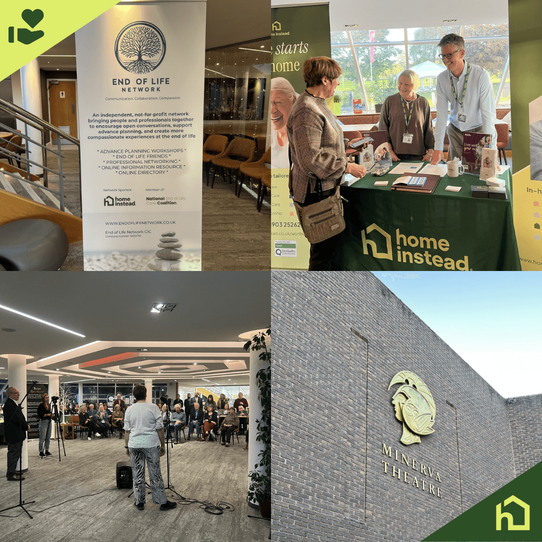 Collage: info booths, people chatting, audience in a hall, and Minerva Theatre’s exterior with a brick wall sign. - Home Instead