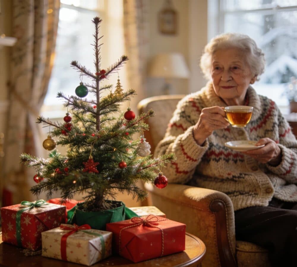 An older woman with white hair drinking tea beside a small christmas tree while sitting on the couch
