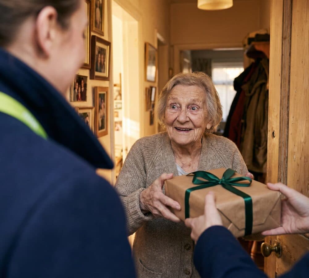 An older female adult happy and smiling at the door while receiving a gift