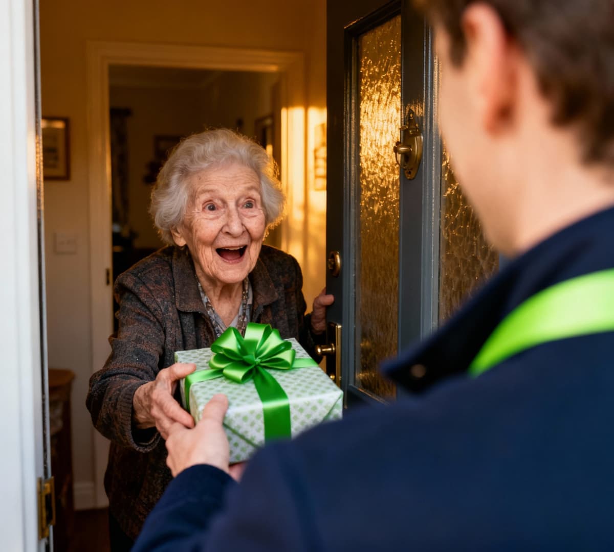 An older female adult with grey hair happy and surprise while receiving a gift at the door of her house