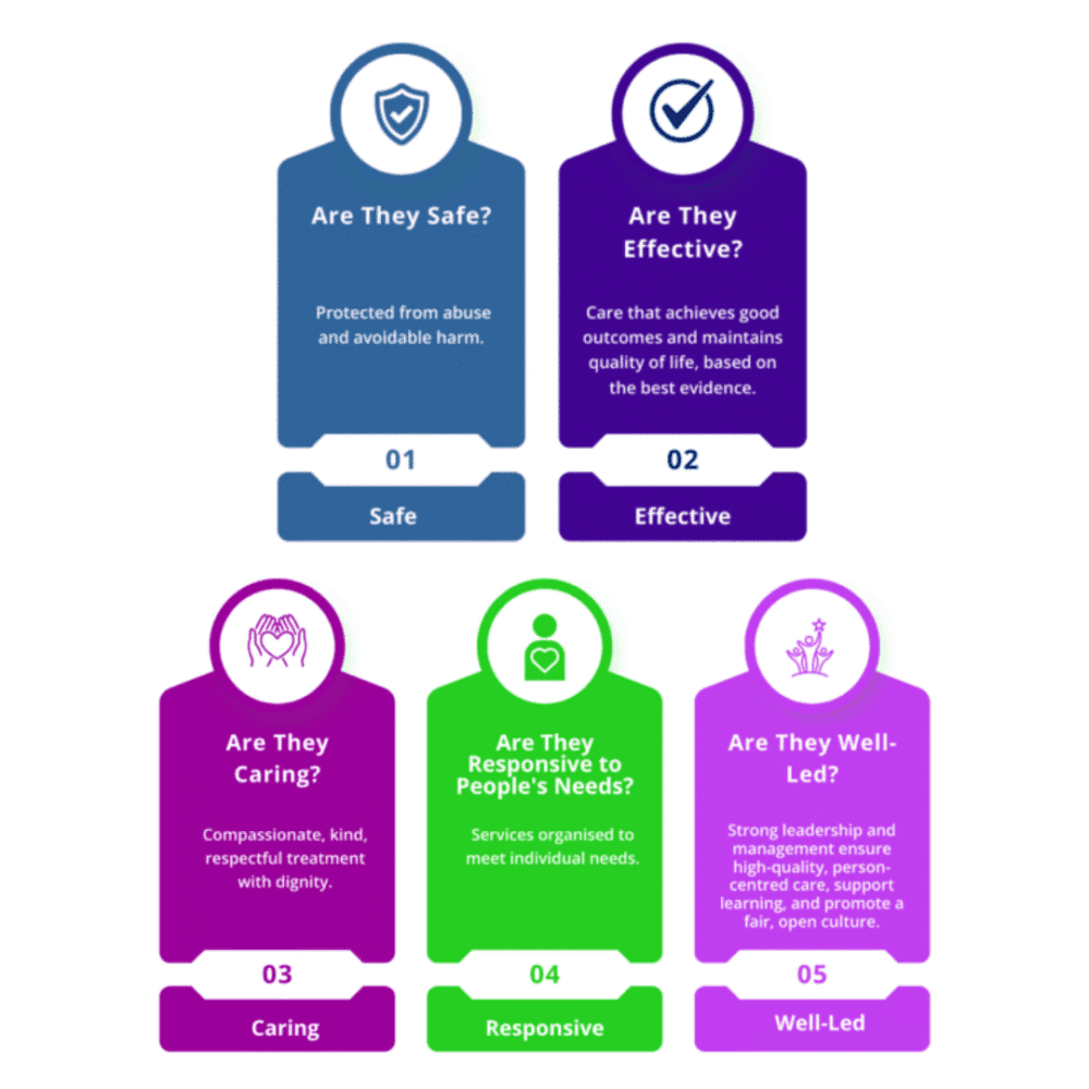 Infographic with five coloured icons about safety, effectiveness, caring, responsiveness, and leadership in care. - Home Instead
